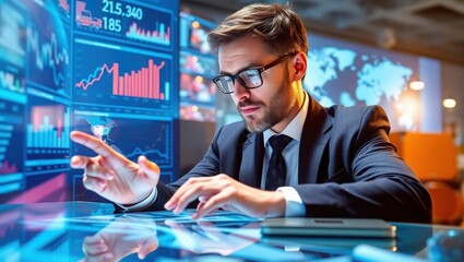 Businessman Analyzing Financial Data On Interactive Screen