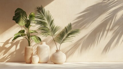 A serene arrangement of decorative vases with tropical plants casting soft shadows.