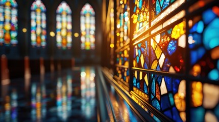 A stained glass window with a blue and yellow design