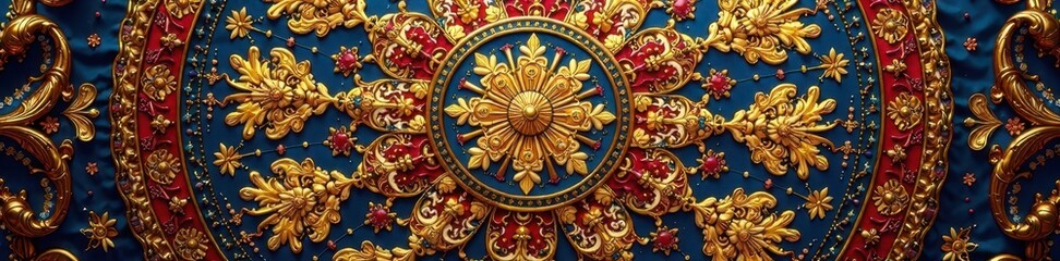 Golden arabesque mandala, rich detail Luxury fabric print , background, gold