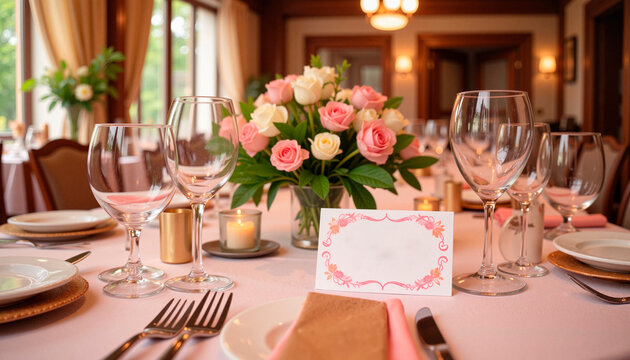 Elegant table setting with custom name tags in posh dining room, Spring weddings