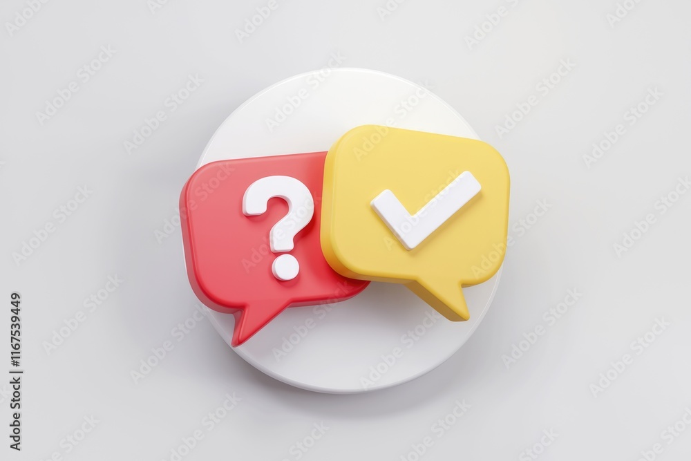 Poster 3D render of speech bubbles with question mark and checkmark, symbolizing Q&A and problem-solving.