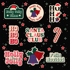 Set of Christmas Stickers. Vector Design Elements. Collection of Holidays. Jingle Bells, Feliz Navidad, Candy Cane, Y2K.