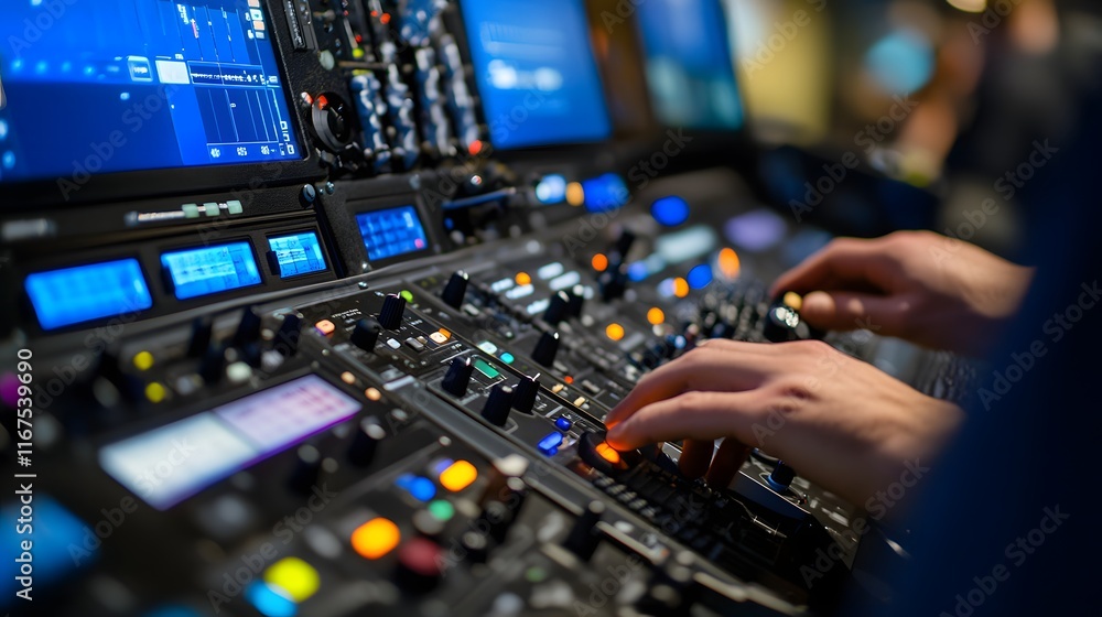 Poster hands operating a complex audio mixing console