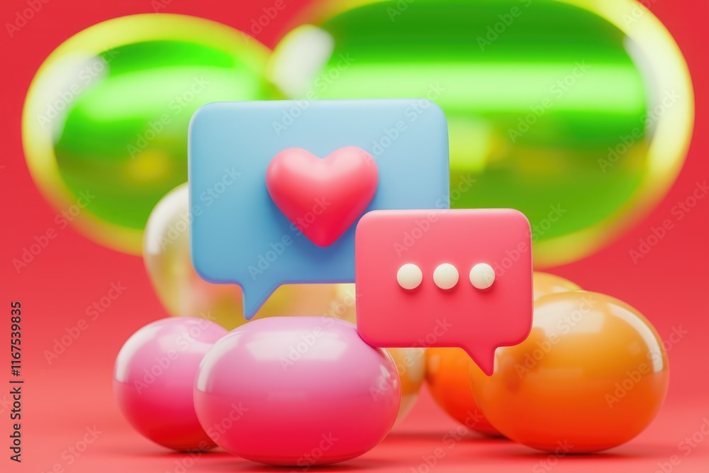 Poster 3d render of colorful speech bubbles with heart and dots, symbolizing social media interaction and l