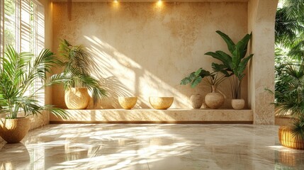 A serene indoor space featuring natural light, plants, and earthy tones.