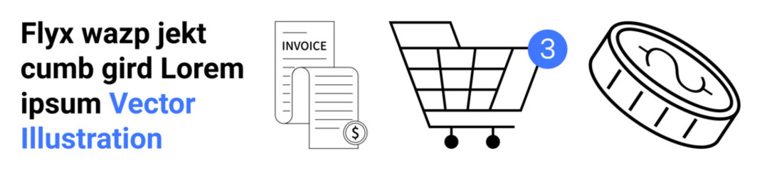 Shopping cart with notification, invoice, and coin in black and white theme. Ideal for business, finance, online shopping, purchases, e-commerce, transactions, and accounting. Landing page