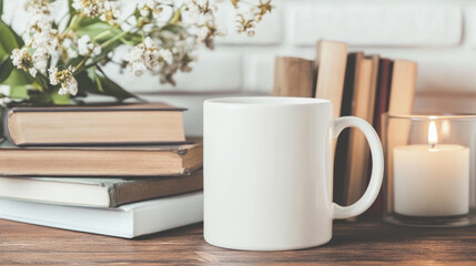 Cozy reading nook with a mug, books, and a candle. Perfect for a relaxing evening.