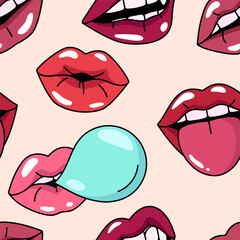 Woman lips, mouth, teeth seamless pattern, background. Cartoon style simple illustrations