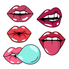 Woman lips, mouth, teeth simple vector drawings. Set of cartoon style illustrations