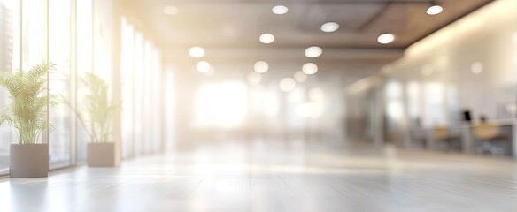 Blurred background of office space with glass elements, green plants, sunlight and lights. Generative AI