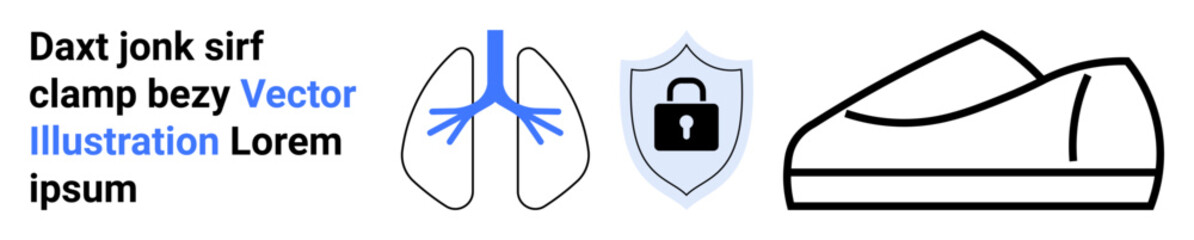 Blue and black outline of lungs, lock on shield, and a shoe. Ideal for medical, security, health, protection, footwear, anatomy, and fitness. Landing page