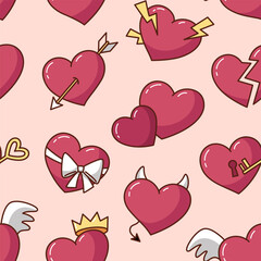 Funny cartoon comic hearts pattern, seamless background, love vector illustrations, heart characters