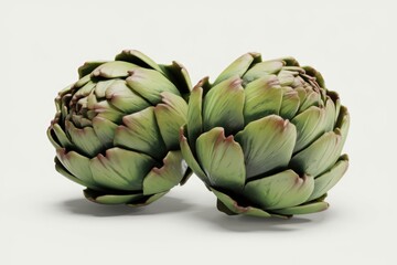 Obraz premium Two artichokes, vibrant green with reddish hues, sit closely together, showcasing their intricate textures.