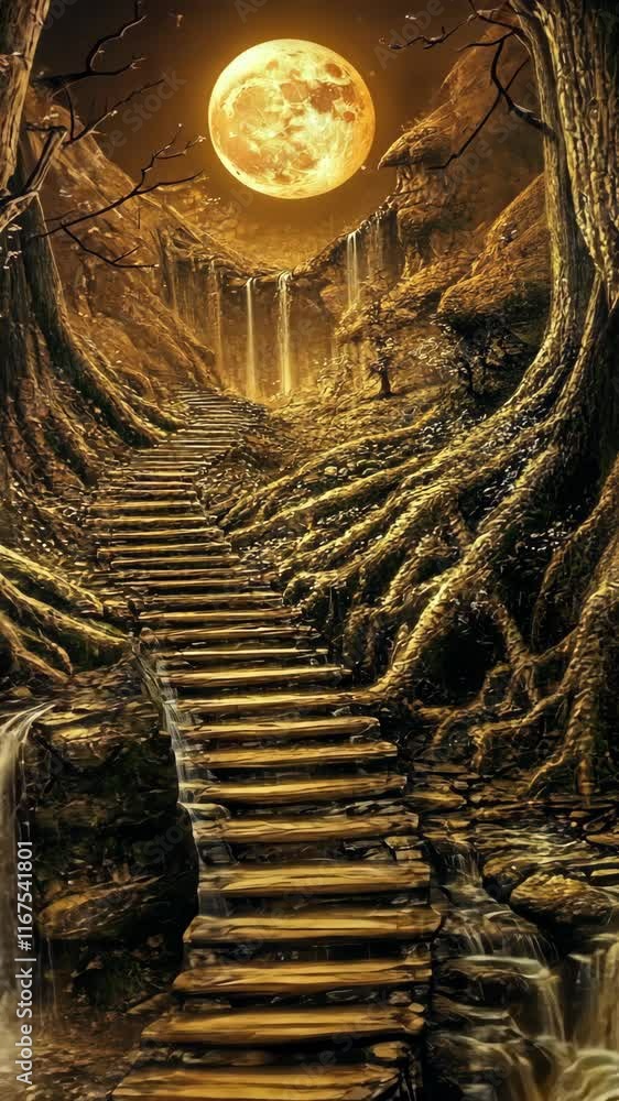 Poster mysterious forest path illuminated by a golden moon near cascading waterfalls and ancient trees