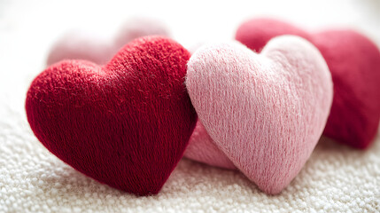 Fototapeta premium Knitted heart shaped decorations in shades of red and pink create warm, romantic atmosphere