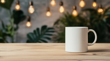A plain white mug sits on a wooden table against a backdrop of warm-toned lights and lush green foliage. Perfect for your design!