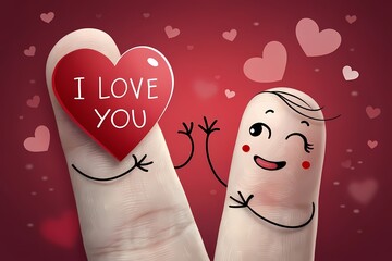 Cartoon-style decorated fingers holding a heart with 'I Love You' text, surrounded by cute hearts, symbolizing love and friendship in a creative and playful style.