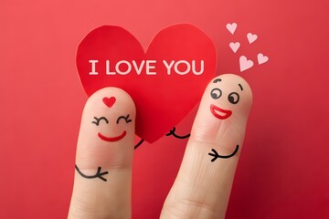 Cartoon-style decorated fingers holding a heart with 'I Love You' text, surrounded by cute hearts, symbolizing love and friendship in a creative and playful style.