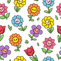 Cute simple kawaii smiling flowers seamless pattern, background.Kids vector cartoon style illustrations