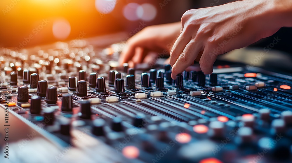 Poster hands adjusting audio mixing console controls