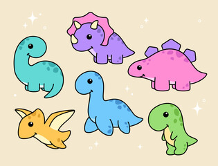 Cute cartoon style kawaii dinos, dinosaurs characters, set of vector kids illustration