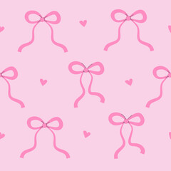 Ribbon Bows Seamless Pattern. Thin Red Bows with Hearts on Pink Background. Valentine's Day backdrop.