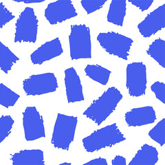 Abstract Brush Strokes Seamless Pattern. Modern Hand Drawn Texture. Vivid Blue Ornament on White Background.