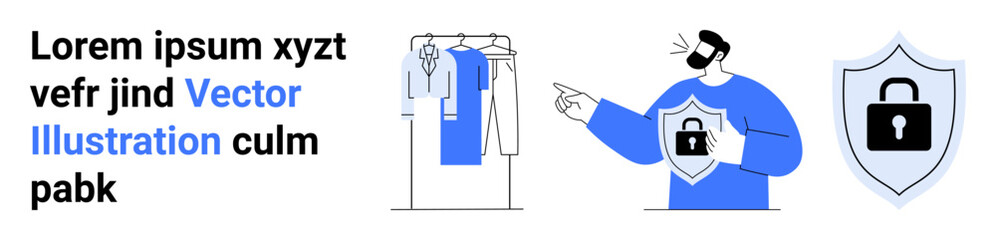 Cartoon person pointing at a security shield, wardrobe with keyhole-locked clothes. Ideal for cybersecurity, online privacy, data protection, personal safety, secure storage, information security