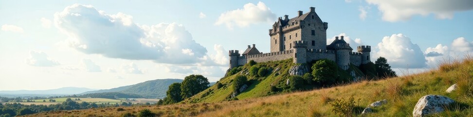 Rugged Cotentin castle, stone turrets, Norman sky , aged, ancient, tower