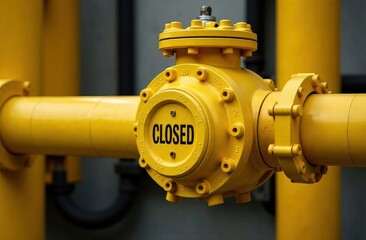 Yellow industrial gas pipeline with large valve saying "CLOSED" on gray background symbolizing regulation or energy security