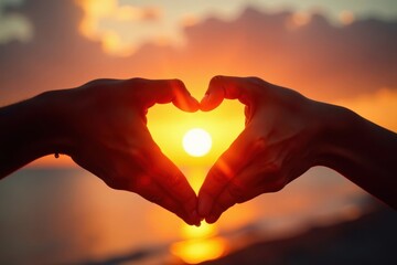 Golden hour, intertwined hands heart shape Romantic sunset backdrop , dreamy, serenity