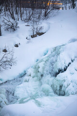 Waterfall Between the Snow Covered Trees and Mountains