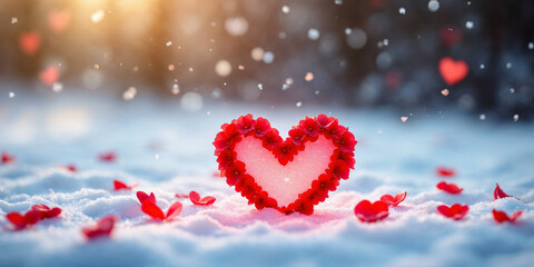 Obraz premium Red Heart-Shaped Decorations in Snowy Landscape with Warm Lighting Effects