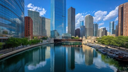 Naklejka premium Chicago River Skyline Reflection: A Stunning Urban Panorama
