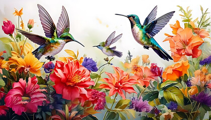 Obraz premium A illustration oil painting in canvas cute hummingbirds flying between colorful flowers on w