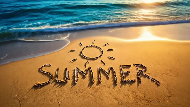 Aerial view of turquoise sea and waves with summer text on sand.Summer concept.Vacation.