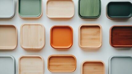 A high-quality image of eco-friendly lunchboxes in minimalist designs on a white background.--ar 16:9