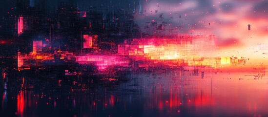 Fototapeta premium Surreal digital depicting a futuristic cyberpunk inspired cityscape with towering skyscrapers neon lights and reflections on the water creating a dreamlike atmospheric