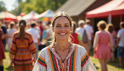 Fototapeta premium Smiling woman in traditional attire at outdoor festival