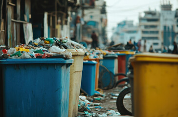 Trash bins in various colors overflow with litter along a busy city street. People move about the area, highlighting urban waste management challenges during daylight.