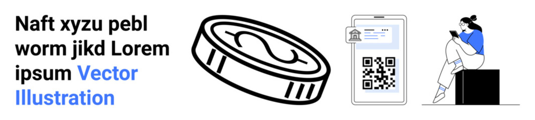 Digital coin, QR code on smartphone for payment, and woman interacting with device represent fintech and digital transactions. Ideal for fintech, payments, crypto, user interface, digital security