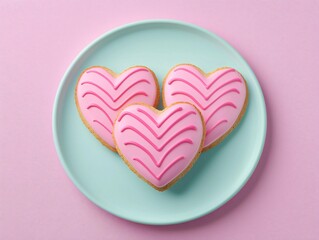 Fototapeta premium Valentine's Day Sweet Pink Heart Shaped Cookies on Plate Valentine s Day Treat