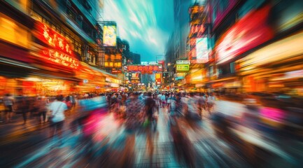 Obraz premium People walking on bustling business district in Asian Korea Japan rainy day motion blur