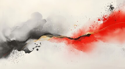 Abstract New Year ink wash art with soft gray tones, bold red strokes, and subtle gold details.