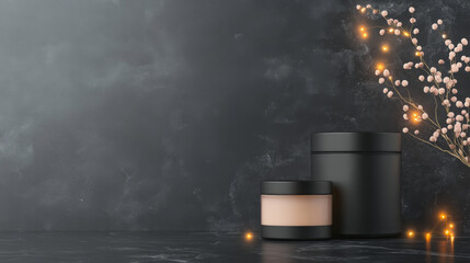 Elegant black containers of skincare products sit on a dark marble surface, illuminated by warm fairy lights and delicate branches.