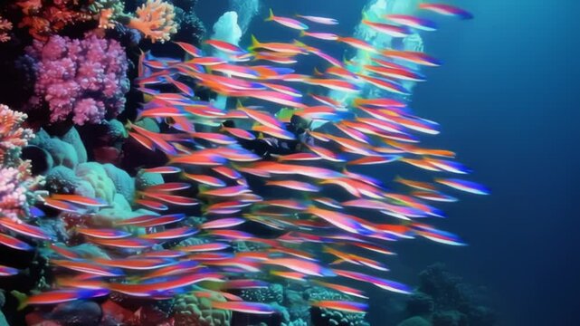 Scuba Divers Exploring a Colorful Coral Reef Underwater