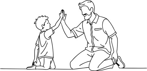 Man high-fiving with his little boy in continuous line art drawing style
