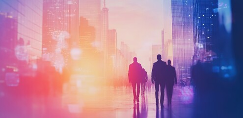 Abstract background with overlay images of people and city in cool blue and pink tones, smooth texture, and minimalistic design