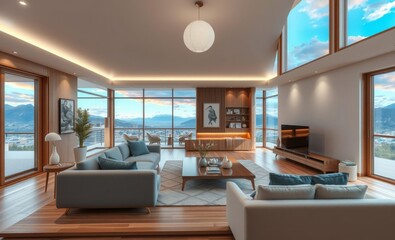 Fototapeta premium Japandi living room harmonious fusion of japanese and scandinavian design modern home interior 3d illustration Japandi interior design interior design japandi style modern